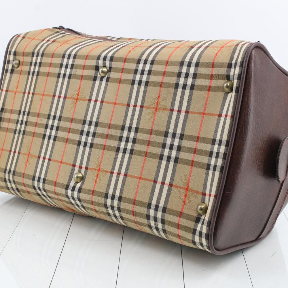 Burberry Tan Plaid Canvas and Brown Leather Duffel Bag - Picture 5 of 7